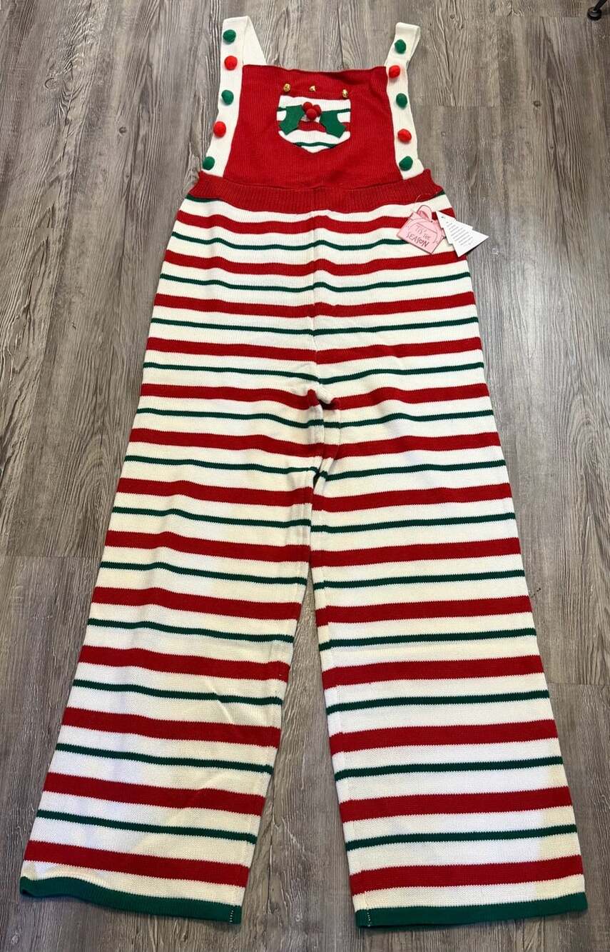 eyeshedow Christmas Knit Overalls Size XL Red Green Striped Pom Pom Jumpsuit